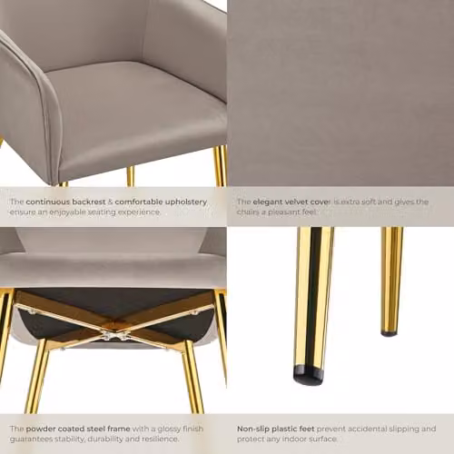 tectake Set of 4 Modern Velvet-Look Dining Chairs with Armrests in Beige and Gold – 5