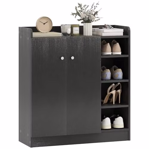 HOMCOM Black Shoe Storage Cabinet with Hinged Doors and Adjustable Internal Shelves