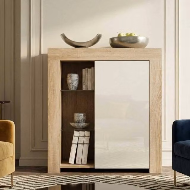 FORGEVIO Modern Glossy Sideboard Cabinet Storage Unit in Beige and White with Oak Wood and Glass Details – 1
