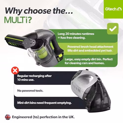 Gtech Multi MK2 Cordless Handheld Vacuum Cleaner with 22V Li-ion Battery and Powered Brush Bar in Grey, Green or Black – 2
