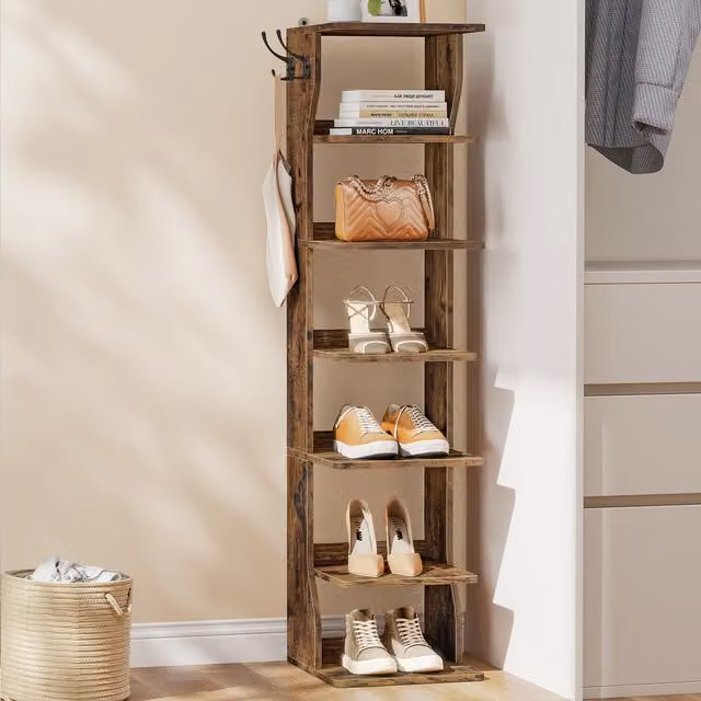 VASAGLE Slim Shoe Rack, Narrow Freestanding Shoe Storage Organiser in Rustic Brown, W/D/H: 30.0 x 26.4 x 110.4 cm