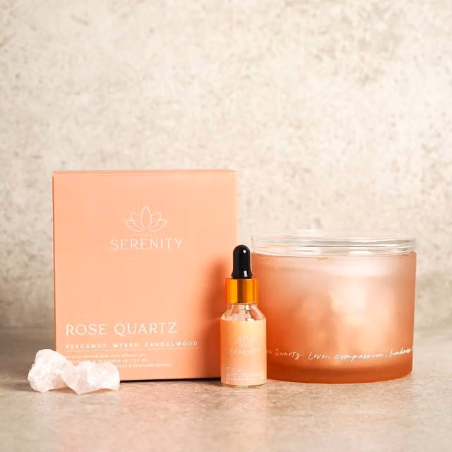 Serenity Rose Quartz Crystal Tabletop Bowl Diffuser with Fresh Woody Oil in Pink