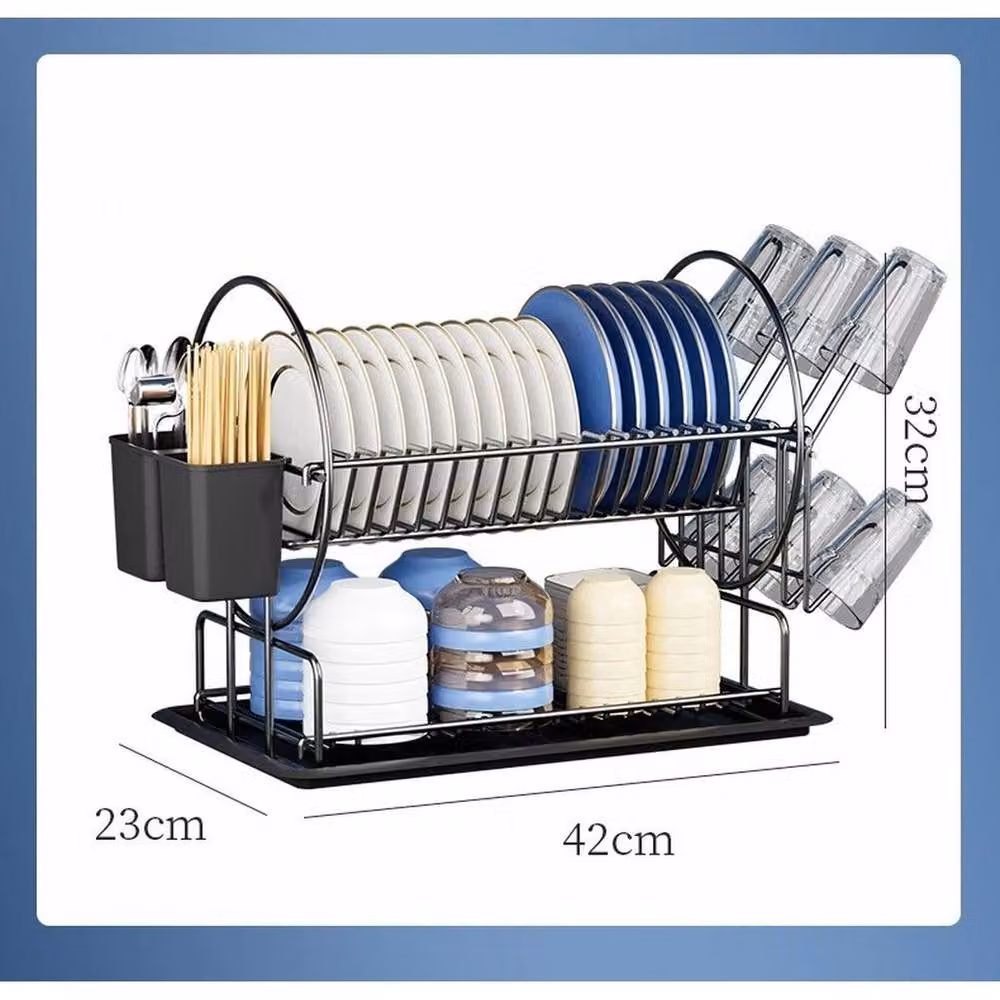 FLAVORA Black 2 Tier Steel Dish Drainer Rack with Drip Tray and Cutlery Holder – 2