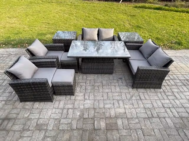 Fimous 9 Piece Wicker Rattan Outdoor Garden Furniture Set with Dining Table, 2 Small Footstools and 2 Side Tables in Dark Grey
