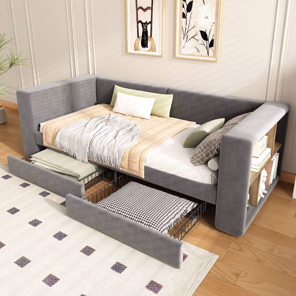 Merax Grey Velvet Single Daybed Sofa Bed with Side Storage and 2 Drawers, W/D/H: 90 x 190 x 74.5 cm – 2