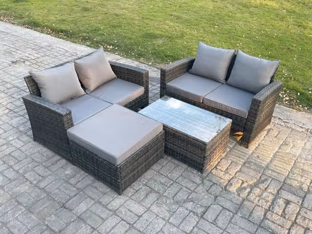 Fimous 5 Seater L-Shape Rattan Garden Furniture Set in Dark Grey with Coffee Table and Ottoman