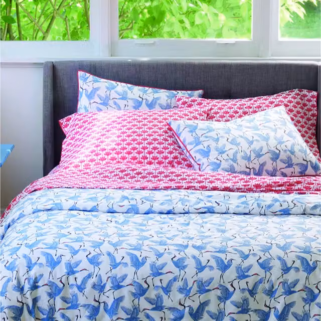 Martex Family of Cranes Cotton Duvet Cover and Pillowcase Set, Blue/Multicolour, W: 140 cm, L: 200 cm