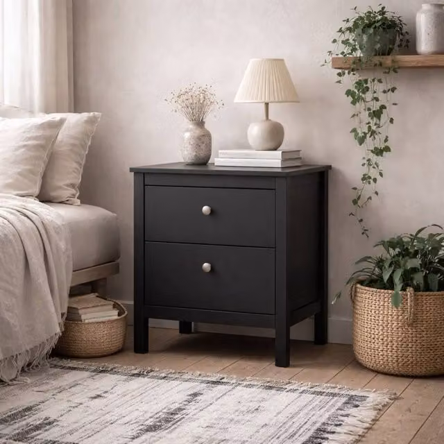 Wyld Haus Gossmere Black Wooden Bedside Table with 2 Drawers and Silver Handles – 1