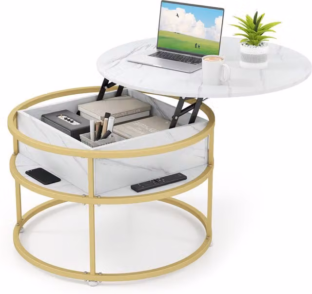 Costway Round White Marble Lift Top Coffee Table with Metal Base