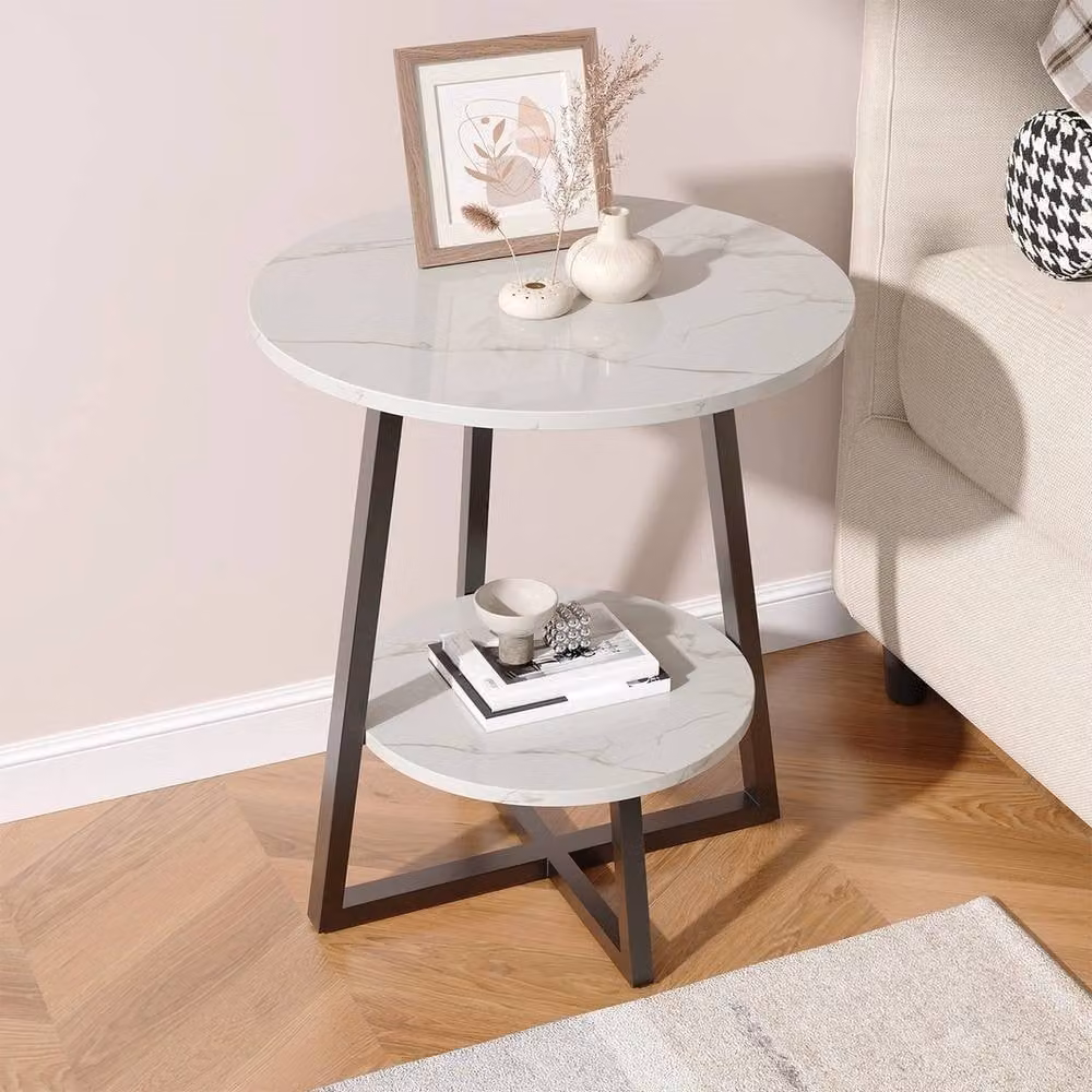 SPETLEK Round 2 Tier Marble Effect Side End Table in White – 2