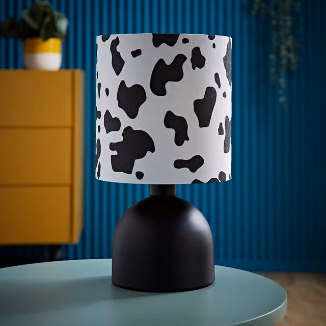 Miley Cow Print Table Lamp with Black and White Drum Shade