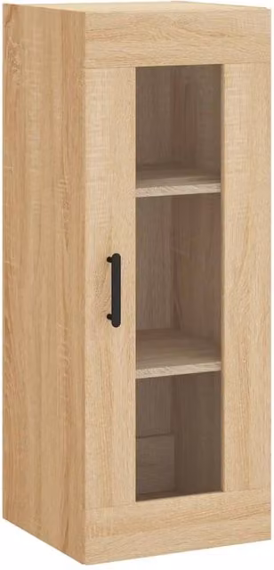 Berkfield Home Wall Mounted Sonoma Oak Cabinet with Glass Doors in Light Brown, W/D/H: 34.5 x 34.5 x 90 cm