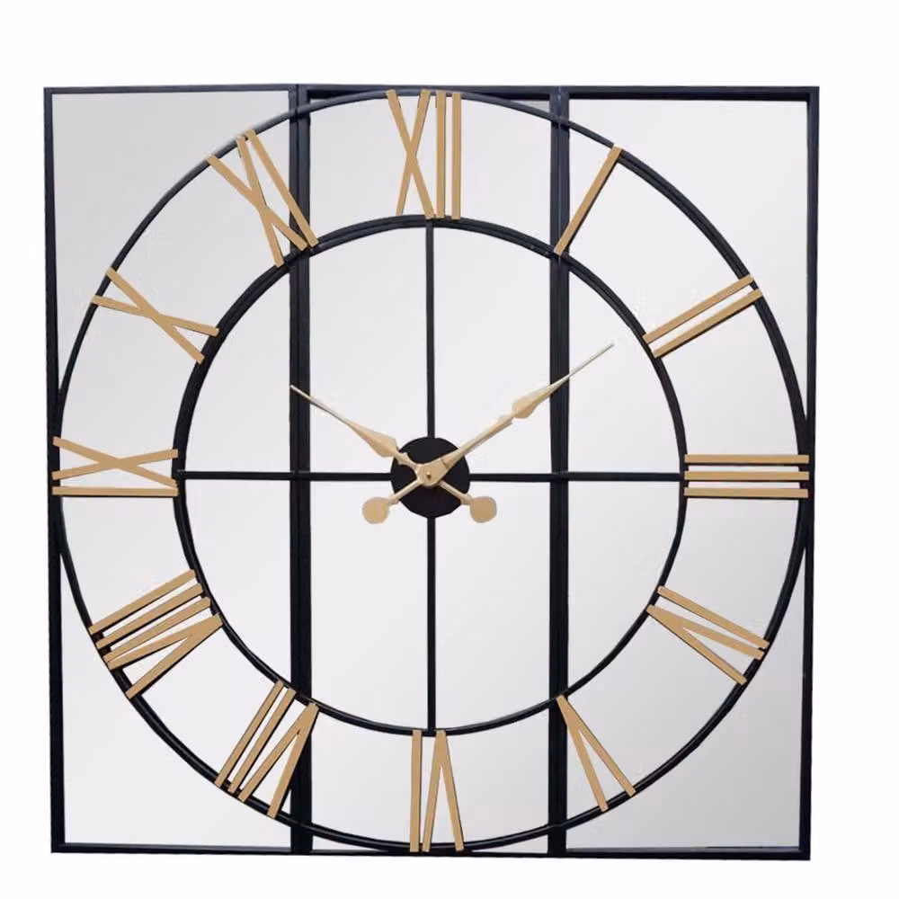 Wyld Haus Square Industrial Wall Mirror Clock with Roman Numerals in Black and Gold – 2