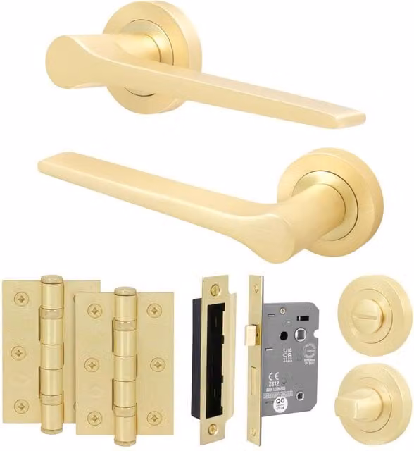 AFIT Satin Brass Bathroom Door Handle Set with Lock and Hinges in Gold