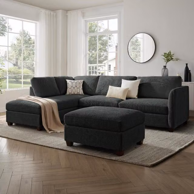 Ben Left-Hand Corner Sofa with Matching Ottoman in Grey Chenille Fabric