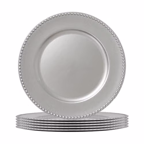 Argon Tableware Silver Melamine Bead Design Round Charger Plates, Pack of 6, Diameter: 33 cm – 1