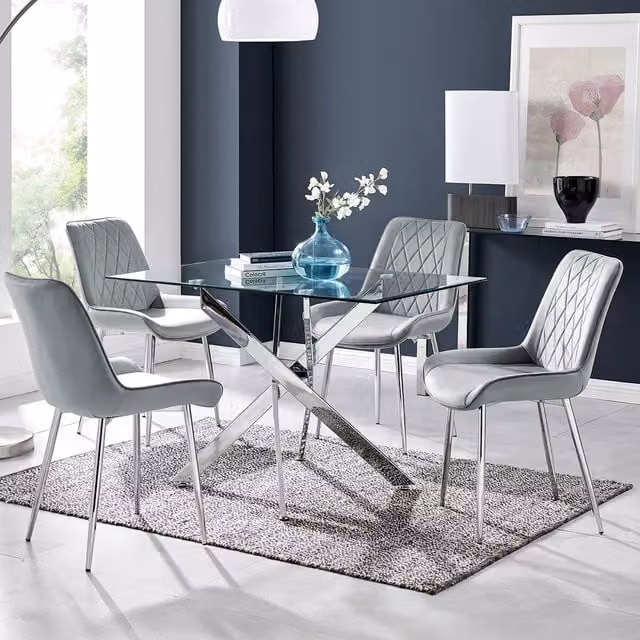 FurnitureboxUK Leonardo Rectangular Glass Dining Table with Four Grey Pesaro Silver Leg Chairs