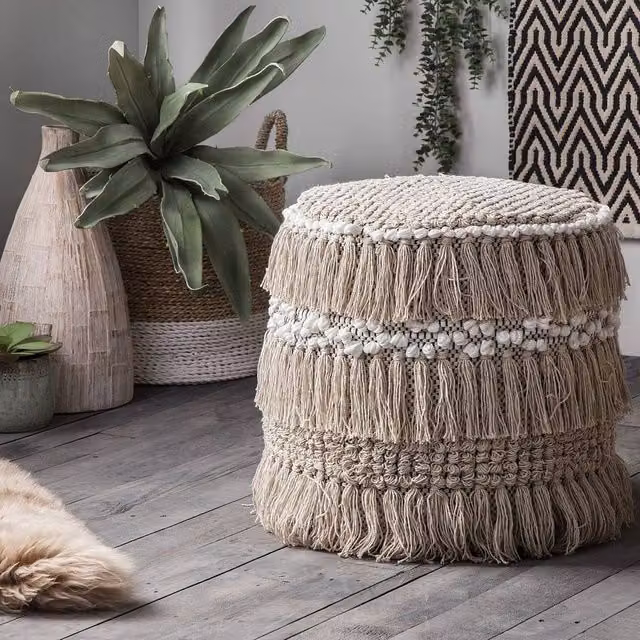 Wyld and Coco Beige Handwoven Cotton Cylindrical Pouffe with Tassels – 1