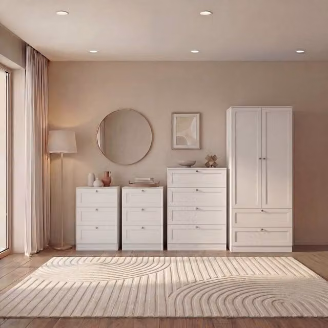 Vida Designs Altino 4 Piece White Bedroom Set Including Wardrobe, 4 Drawer Chest and 3 Drawer Bedside Tables – 1