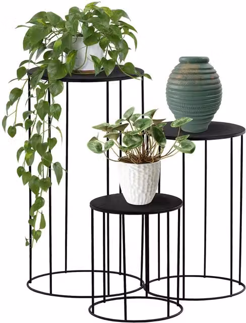 GEEZY Set of 3 Round Matt Black Metal Indoor Plant Stands