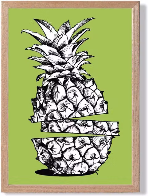 ARTZE Sketch Pineapple Botanical Illustration Framed Print in Bright Green with Oak Frame