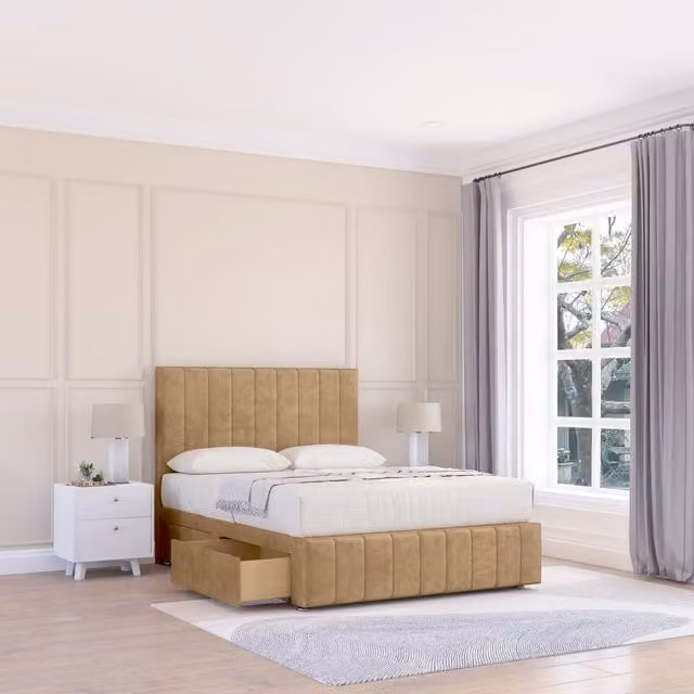 Sloomy California Divan Bed Base in Light Brown with 2 Drawers, 12 inch Footboard and 54 inch Floor Standing Chesterfield Headboard, W/D/H: 120 x 200 cm