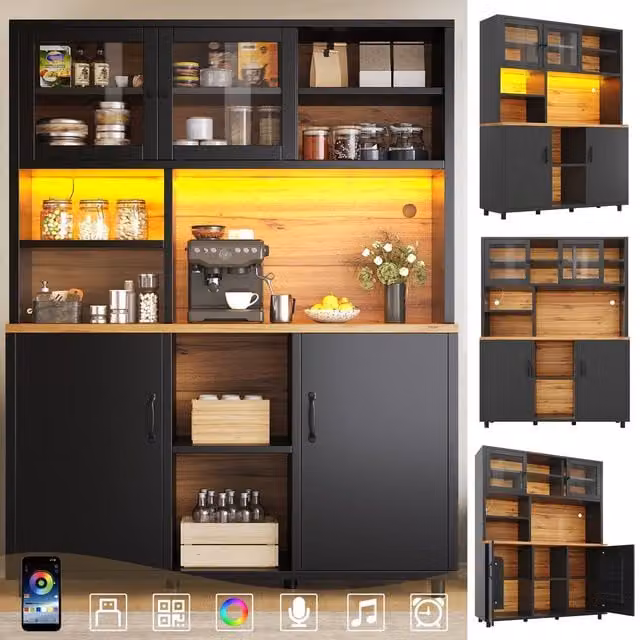 BTM Modern Black Tall Kitchen Sideboard with LED Lighting and Glass Sliding Doors, W/D/H: 140 x 40 x 185 cm