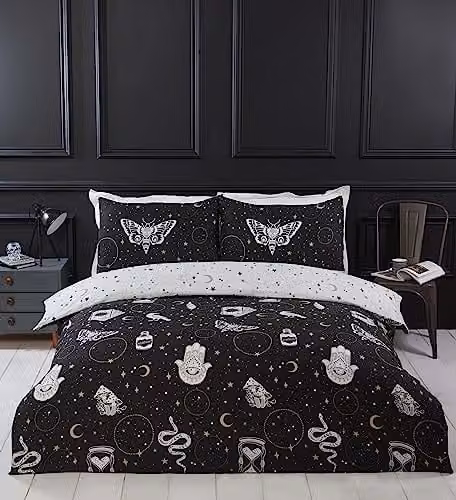 Rapport Home Gothic Magick Duvet Cover Set in Black with Skull, Moon and Stars Design, includes 2 Pillowcases, W/D/H: 200 x 200 cm and 50 x 75 cm