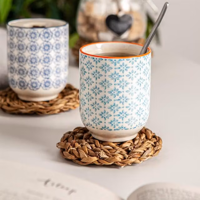 Nicola Spring Blue Floral Hand-Printed Porcelain Tumblers, Pack of 6, 280ml