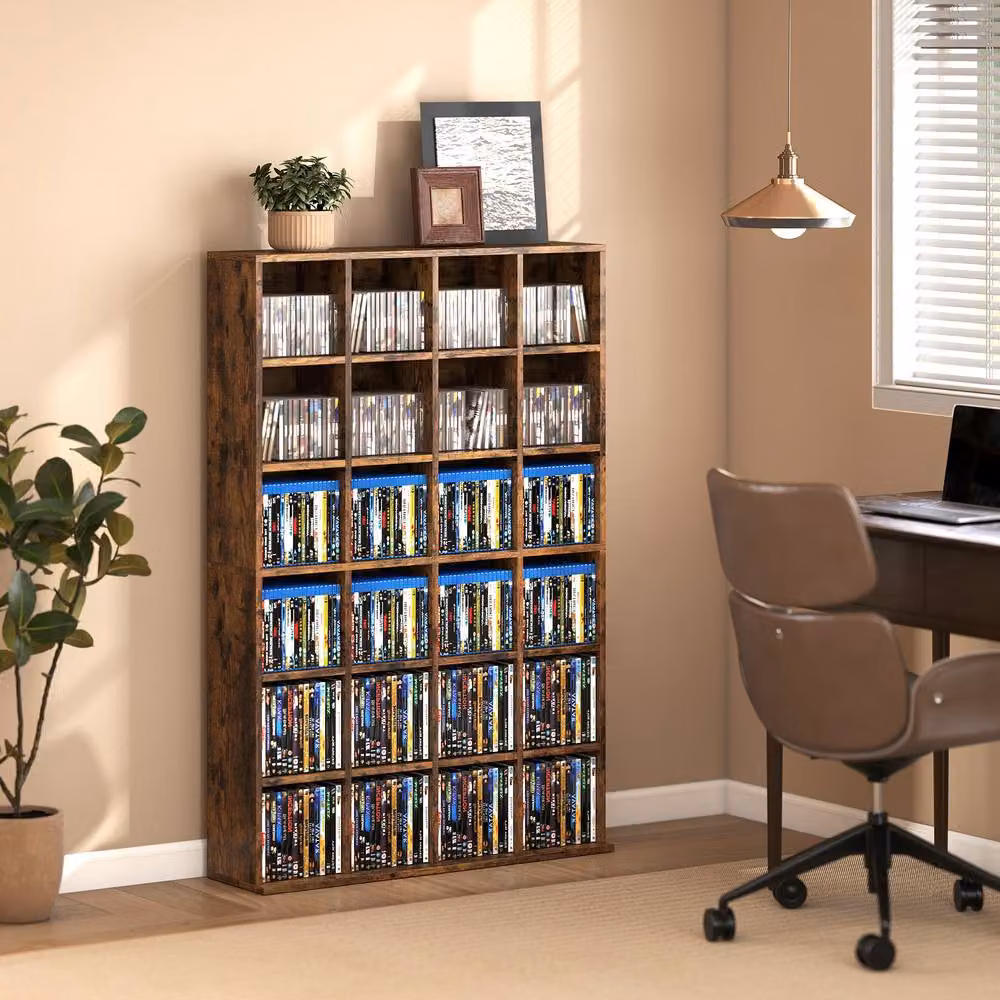STILVORA CD Storage Unit with Adjustable Shelves and Media Compartments in Brown – 2