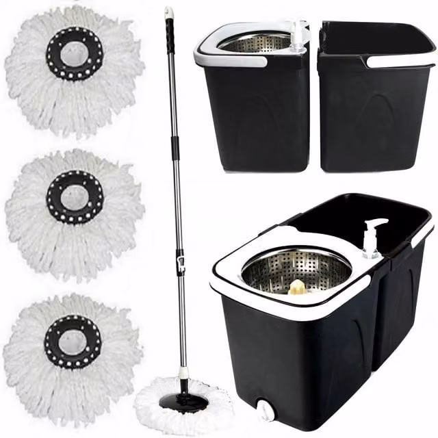 Gr8 Home Black and Grey Rotating Dual Spin Mop and Bucket Set with 3 Microfibre Heads, Wringer and Telescopic Handle