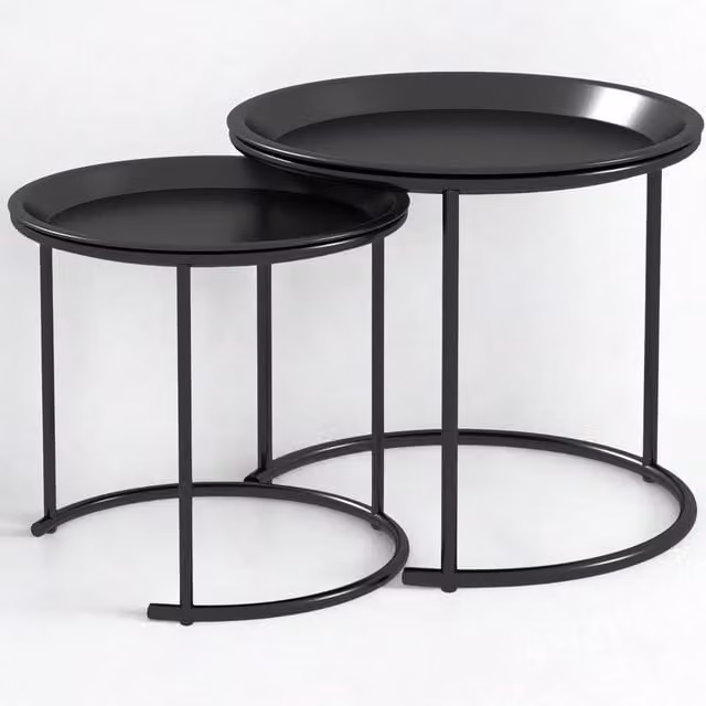 FURNOS Set of 2 Modern Round Metal Nesting Side Tables in Black