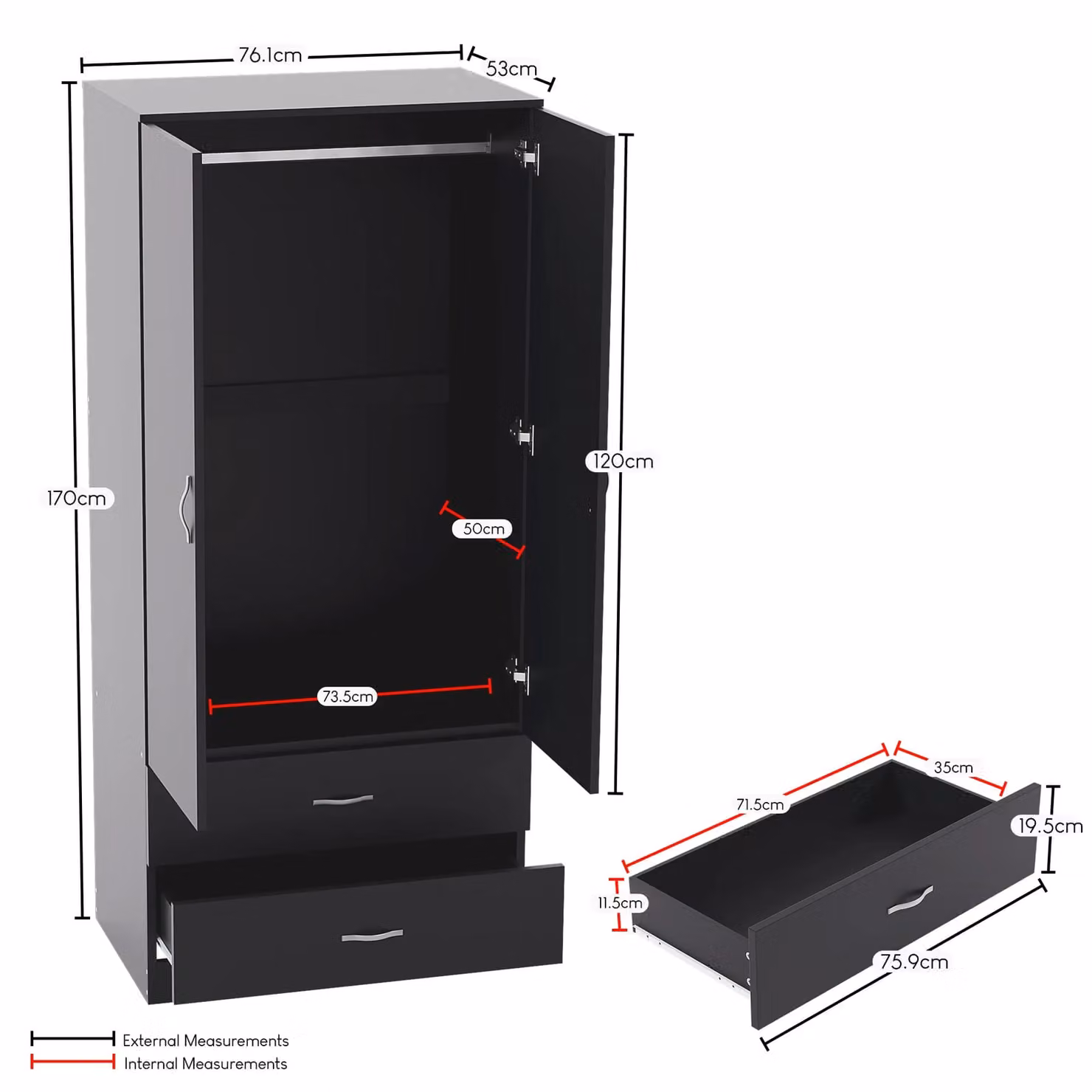 Vida Designs Riano 4 Piece Modern Black Bedroom Set including Wardrobe, Chest of Drawers and Nightstands – 3