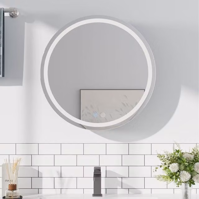 Lifeideas Modern Black Round Bathroom Mirror Cabinet with Dimmable LED and Anti-fog Function