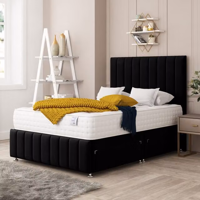Bed Choices Moscow Double Divan Bed with 4 Drawers, Mattress and 54 inch Floor Standing Headboard in Black Velvet, W/D/H: 140 x 200 cm