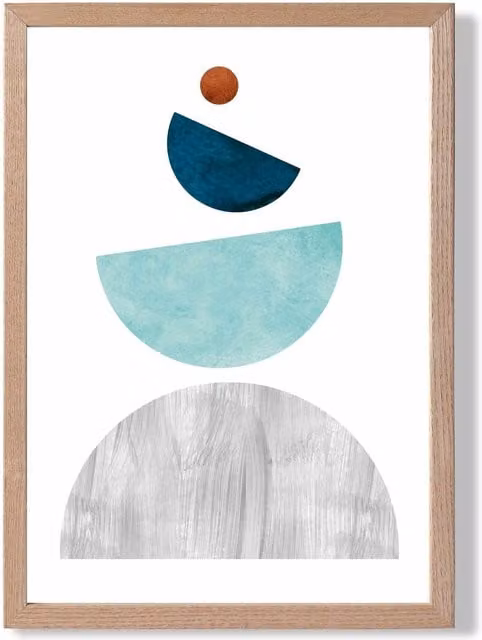 ARTZE Mid Century Geometric Abstract Framed Print in Grey, Petrol and Green with Oak Wood Frame, Size: A2