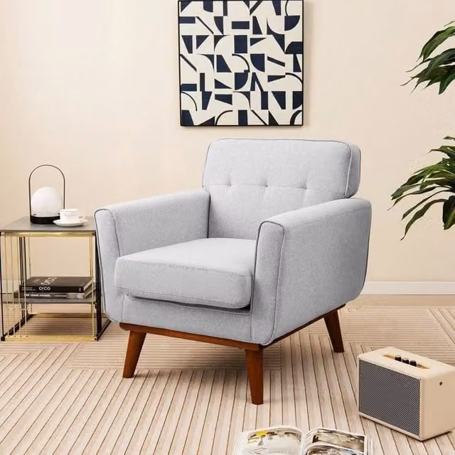 KORVIXA Grey Linen Fabric Tub Armchair with Solid Rubberwood Frame, W/D/H: 100 x 100 x 100 cm – 1