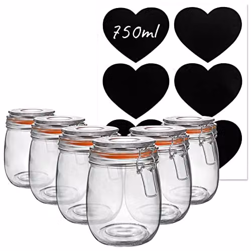 Argon Tableware Set of 6 Transparent Glass Storage Jars with Clip Lids and Heart Labels, 0.75 l