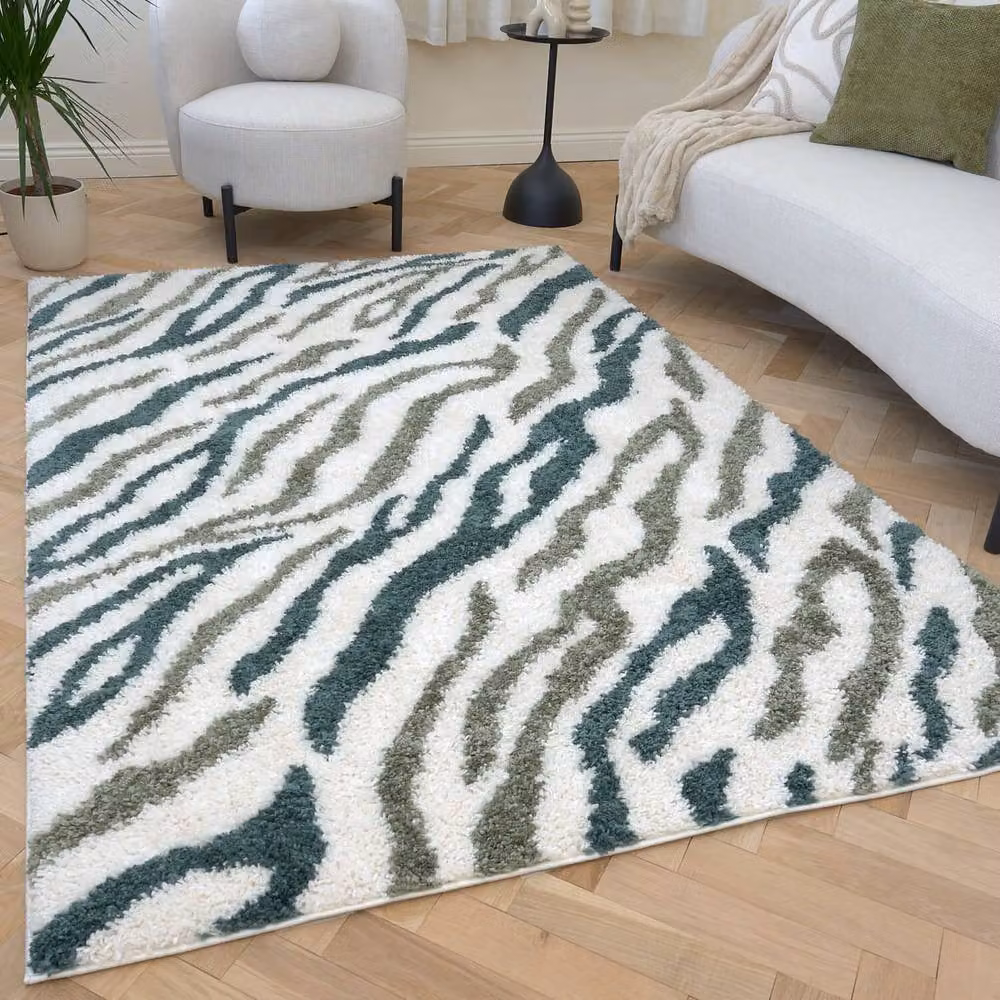 THE RUGS Moodi Abstract Design Shaggy Soft High Pile Round Living Room Rug in Green, Diameter: 120 cm – 6