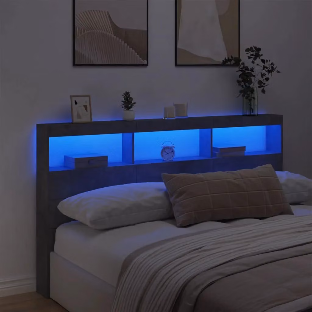 Berkfield Home Modern Wall Mount Headboard Cabinet with LED Lighting and USB Charging Port, Concrete Grey, W: 180 cm, D: 17 cm, H: 102 cm – 2