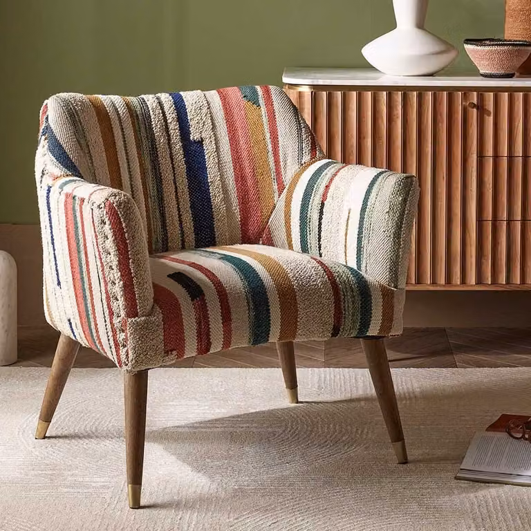 Atkin and Thyme Astoria Armchair in Multicolour Striped Woven Fabric with Mango Wood Frame