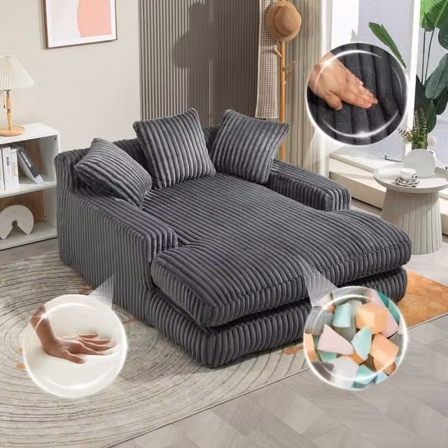 Matteo Oversized Soft Plush Cord Fabric Chaise Lounge Sofa Bed in Grey with Sleeping Function and Scatter Cushions