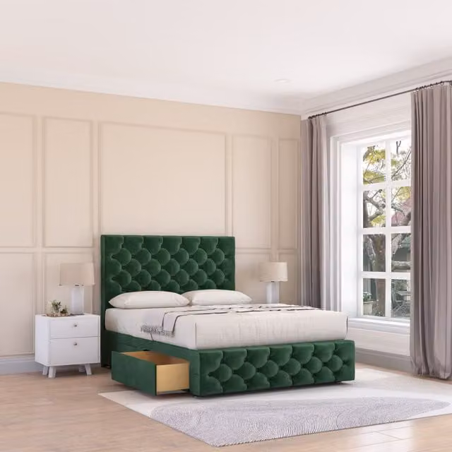 Sloomy Watson Super King Divan Bed Base with 2 Drawers and Chesterfield Headboard in Green Velvet