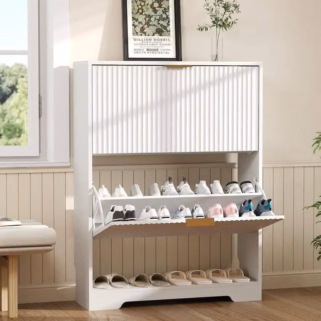 London Boutique Modern Mid-Century Shoe Storage Cabinet with 2 Drawers and Tilting Compartments in White – 1