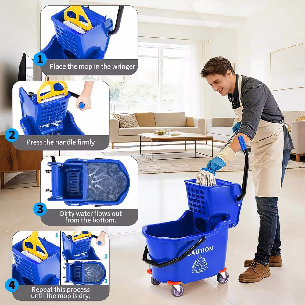 London Boutique 32L Commercial Mop Bucket with Side Press Wringer in Blue – 6