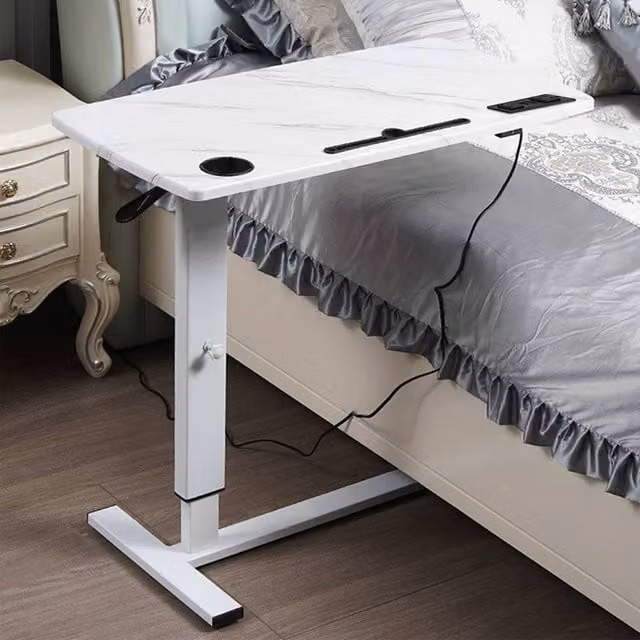 Levede Height Adjustable Mobile Over Bed Desk with Gas Spring Lift and Castors, White, W/D: 80 x 40 cm