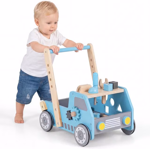 Costway Blue Wooden Push Along Toddler Walker