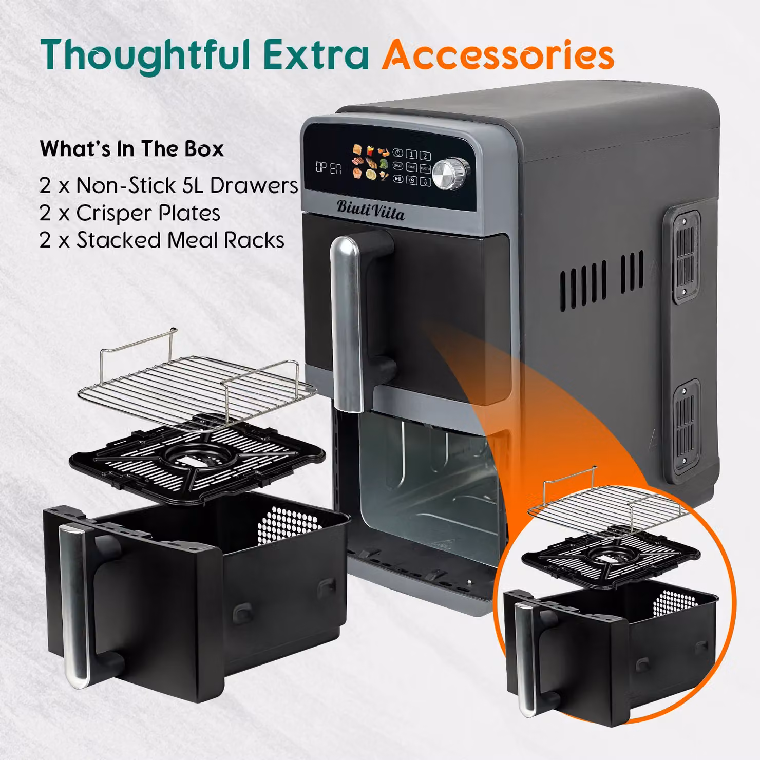 BiutiViita 10L Double Stack Air Fryer with Dual Zone Baskets in Black – 9