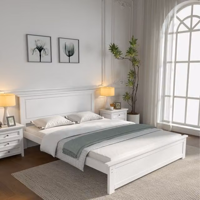 Home Treats White Lacquered Solid Pine Wood Bed Frame, 140 x 200 cm