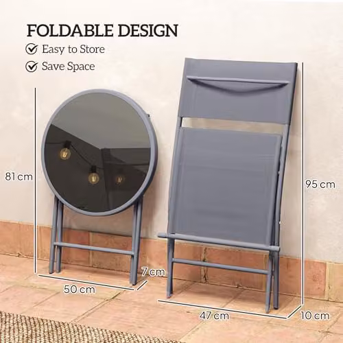 Outsunny 3 Piece Outdoor Bistro Set with Glass Top Round Table and 2 Folding Chairs in Grey – 3